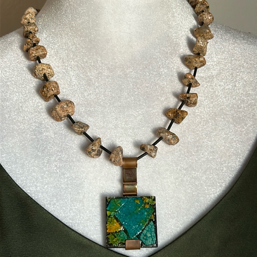 Handcrafted Artisan Stone and Tube Bead Brass and Mosaic Style Tile Pendant